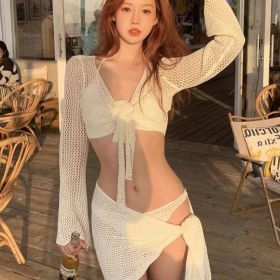 Long-sleeved Knitted Swimsuit Sexy Pure Desire Style Small Chest Push Up Holiday (Option: Beige-M)
