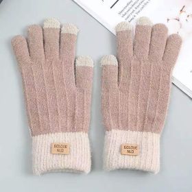 Winter Mittens Brown Striped Embroidered Warm Cycling Spot Universal Cartoon Gloves Ins (Option: Khaki)